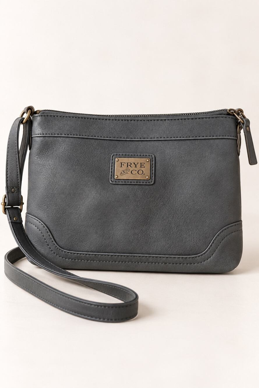 Frye & Co Gray Faux Leather Crossbody Bag Adjustable Strap Zip Top Purse